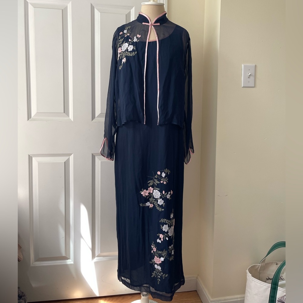 Robbie Bee Silk 2-Piece Embroidered Navy Dress Set